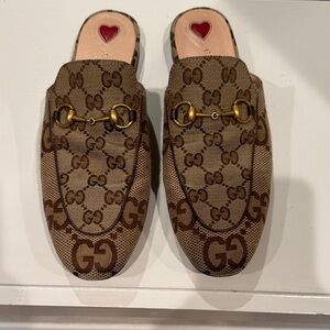 Authentic Gucci Brown GG Canvas Mules with Gold Hardware